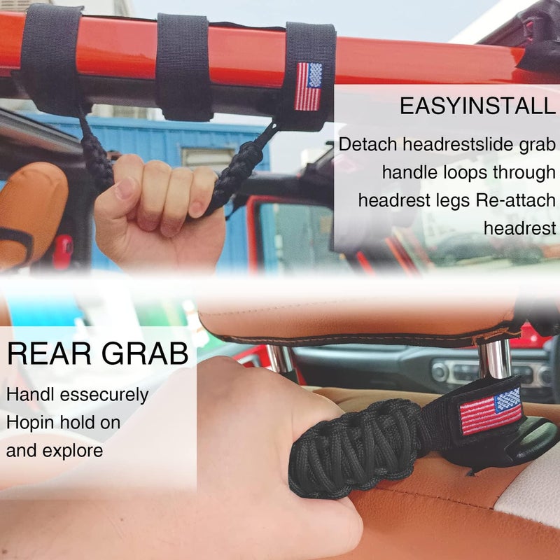 Kujunpao Roll Bar Grab Handles+ Headrest Grip Handle Compatible for Jeep Wrangler JLU JK JKU TJ YJ TJ JT JL Sport Sahara Freedom Rubicon Unlimited & Gladiator JT 1955-2022 UTV(Black) - Image 3